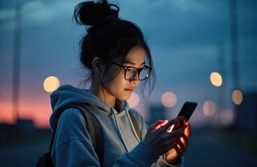 Young woman using smartphone at dusk. Millennial generation z female scrolls through news feed app on her phone. Cinematic look of pretty woman at sunset, using phone at night.