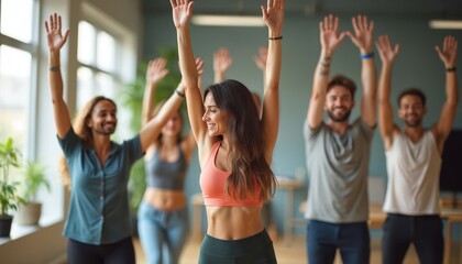 Office employees doing group stretching exercise. Team raises hands in yoga pose, happy faces. Workplace wellness program, teamwork. Motivation for better mental physical health.