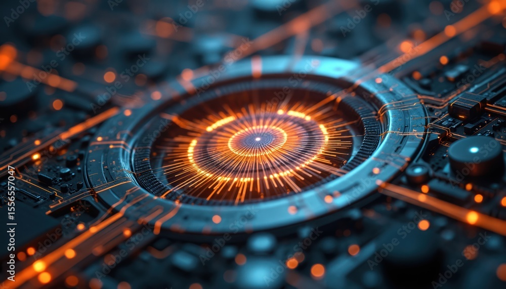 Aufkleber Futuristic tech design. Abstract tech background with glowing lines. Digital circuit board. Electronic computer hardware technology. Data processing, artificial intelligence concept.