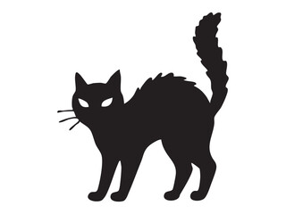 Black silhouette of scared halloween cat with raised tail isolated on white background, graphic illustration. concept of spooky icon, holiday theme, pet, scary decor element
