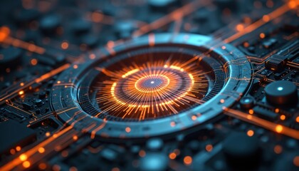 Futuristic tech design. Abstract tech background with glowing lines. Digital circuit board. Electronic computer hardware technology. Data processing, artificial intelligence concept.
