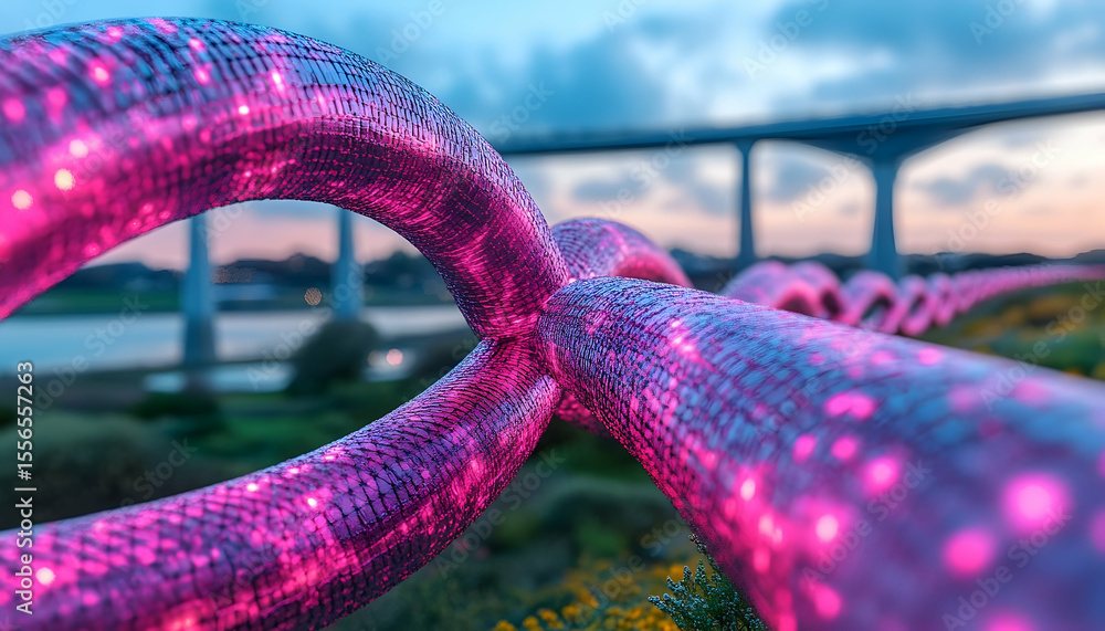 Wall mural illuminated bio-luminescent structure near bridge at dusk