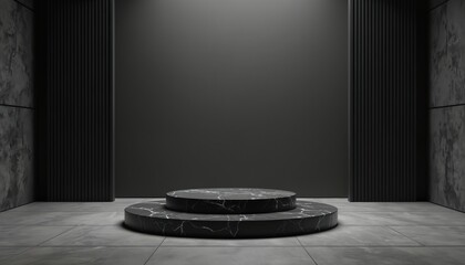 Black marble podium, platform display on gray room background. Minimalist product stage, exhibition, showroom, studio or museum. Empty product shelf template for modern brand.