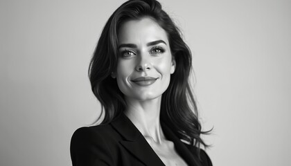 Elegant monochrome portrait of confident businesswoman. Smiling woman wearing black blazer. Professional headshot exudes poise, style. Sophisticated look, ideal for business, corporate, success,
