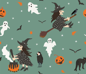 Spooky, retro style halloween seamless pattern with witches, ghosts, curved pumpkins, bats, raven, owl, black cat on sage green background