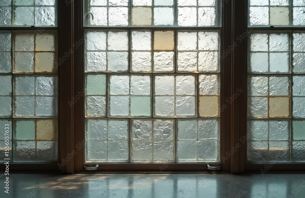 Poster Old building glass block window with grid square pattern. Multicolored details, shades, tones. Textured surface with aged weathered effect. Interior details.