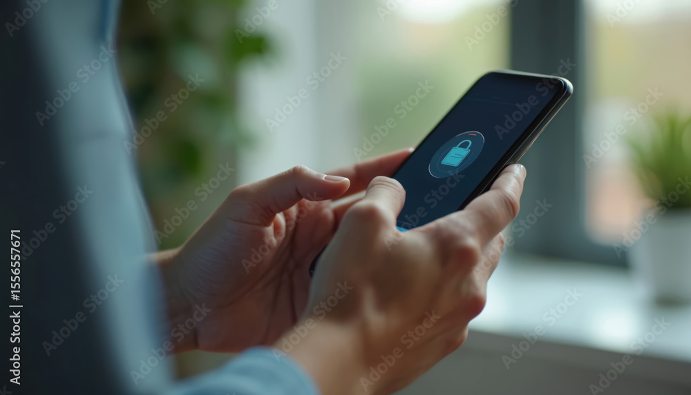 Poster Person holds smartphone, using two-factor authentication secure login. Hands touch screen showing padlock icon, online privacy. Technology, internet, banking, finance security concept.