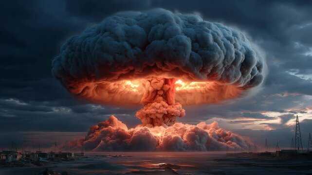 Massive nuclear explosion with a towering mushroom cloud rising over a devastated landscape at sunset representing destruction and catastrophic power