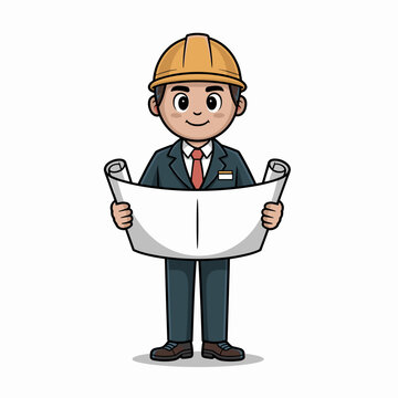 Cartoon Engineer Character Holding Blueprints