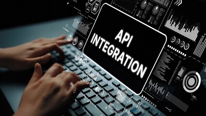 Hands Typing on Keyboard with API Integration Concept Graphic in Digital Environment. Asymptotic...