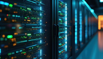 Illustration data center with glowing blue, green lights on server racks. Edge computing real-time data processing, networking, infrastructure, energy efficiency. Tech solutions, information storage,