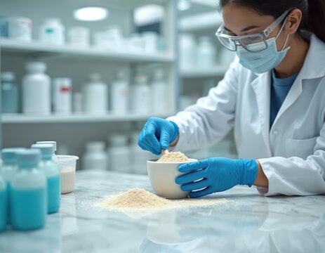 Pharmacist in lab coat face mask safety glasses works with ingredients in mortar pestle. Compounds custom prescription, focuses on medical healthcare. Healthcare pro, pharmacy.