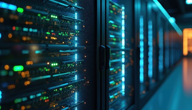Illustration data center with glowing blue, green lights on server racks. Edge computing real-time data processing, networking, infrastructure, energy efficiency. Tech solutions, information storage, - Powered by Adobe