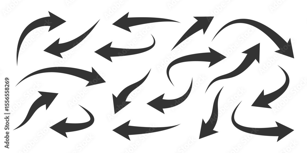 Poster abstract curved arrow set. vector black arrows collection with playful dynamic forms. ideal for high