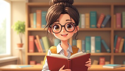 Cartoon teacher in glasses smiles reading book. Female student with open book in classroom, library interior, surrounded books. Education concept, reading, learning. Ideal for school, college,