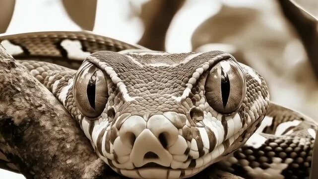 Hypnotic Stare: Detailed Close-Up of a Diamond Python Resting on a Branch