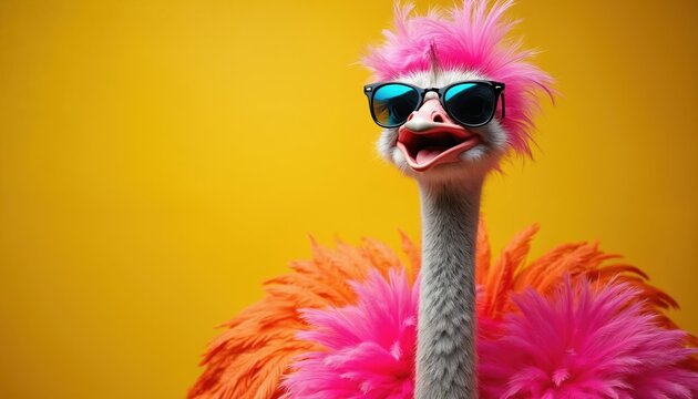 Majestic ostrich in high-end couture on bright yellow background. Party animal with sunglasses, festive mood. Birthday invitation card design. Creative advertisement social media content. Exotic bird