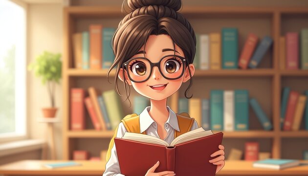 Cartoon teacher in glasses smiles reading book. Female student with open book in classroom, library interior, surrounded books. Education concept, reading, learning. Ideal for school, college, - Powered by Adobe