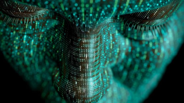 Digital face composed of glowing binary code, representing artificial intelligence, data processing, and futuristic technology concepts.
