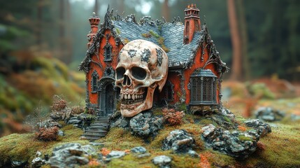 Eerie Gothic Miniature Skull House with Red Accents