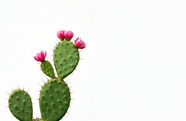 Obraz na płótnie Canvas Blooming Opuntia cochenillifera cactus. Vivid pink flowers, green succulent plant. Desert garden botanical macro shot. Cactaceae beauty. Mexico flora natural beauty background, white backdrop, copy