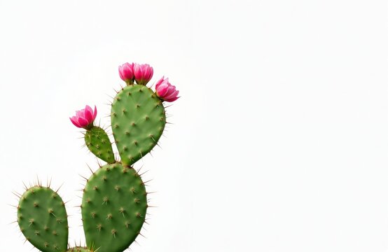 Blooming Opuntia cochenillifera cactus. Vivid pink flowers, green succulent plant. Desert garden botanical macro shot. Cactaceae beauty. Mexico flora natural beauty background, white backdrop, copy