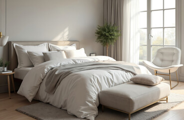 Cozy bedroom with modern design. White bedding on bed with pillows. Large window illuminates interior, white chair footstool add elegance. Minimalist interior, comfort and relaxation theme.