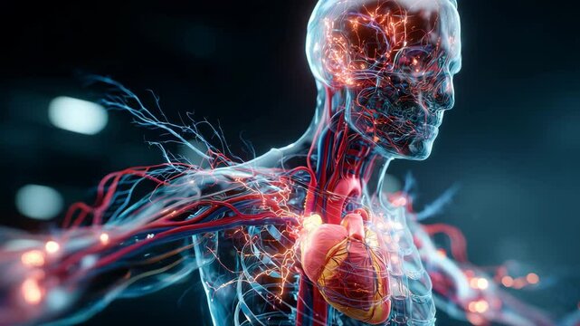 3D visualization of human circulatory and nervous system with glowing vessels detailed beating heart anatomy transparent body advanced medical science and healthcare technology concept