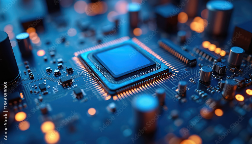 Aufkleber Macro view of blue circuit board with bright glowing components. Electronic tech, data processing, information technology, data transmission concept. Modern engineering, network innovation