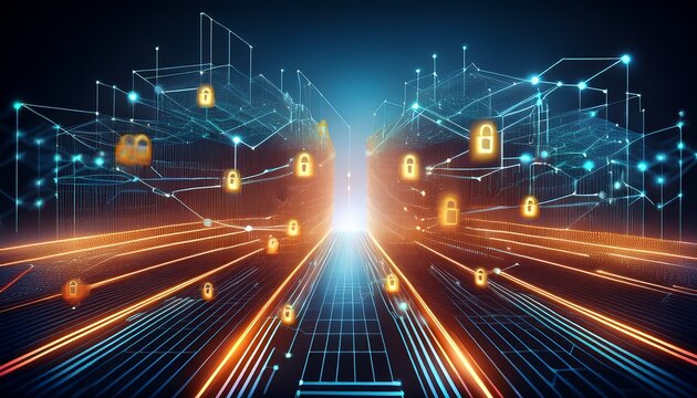 visual representation of a distributed ledger system illustrating secure transactions with cryptographic symbols and glowing digital lines neutral background emphasis o