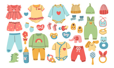 Newborn baby items set with cartoon elements in flat design. Bundle of kid toys, bodysuit, teddy bear, pacifier, rattle, diaper, booties and other decoration isolated stickers.