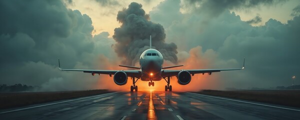 Airplane lands on runway releasing carbon emissions. Smoke clouds air pollution impact. Climate change concern. Environmental problems. Global warming caused by greenhouse gases. Eco-friendly