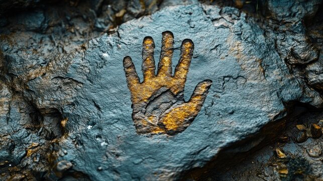 Handprint on Weathered Gray Stone Outdoors - Powered by Adobe