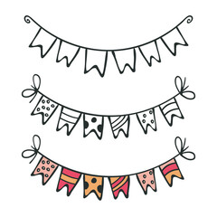Holiday garland flag icon set. Outline black marker ink contour, cute coloured doodle sketch style, hand drawn blob stroke line. Festive banting party graphic web design. Vector illustration