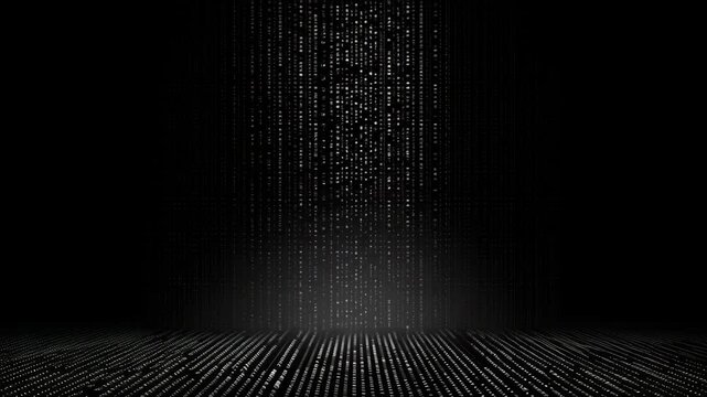 Futuristic digital matrix with a low-angle view, showcasing cascading binary code. Ideal for tech-themed video backgrounds or sci-fi concepts. Live desktop wallpaper.