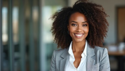 Confident Black businesswoman smiles in corporate office. Attractive pro in business suit poses, showing leadership. Successful woman looks directly at camera. Modern office background, indoor