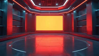 Modern television studio with large screen for news. Empty room design with red, blue neon lights. Digital display, interior futuristic style. Show stage background.