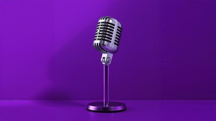 Silver microphone on a purple stand with a purple wall background