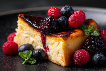 Fototapeta premium Piece of San Sebastian Basque Cheesecake with berries 