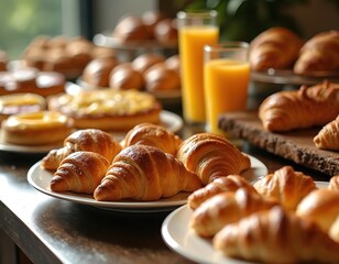 Sumptuous breakfast buffet features delicious croissants, pastries and orange juice. Fresh food assortment. Luxury hotel meal, morning dining, brunch, celebration, tasty treats. Catering concept.