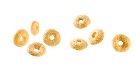 Whole grain cereal rings isolated on white background .