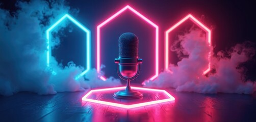 Abstract neon design with retro microphone on futuristic stage. Blue, pink colors. Glowing signs, signs in smoky atmosphere for streaming, podcast, karaoke, music events. Digital art for banner,