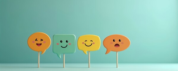 Naklejka na ściany i meble Digital survey tools collect patient experiences. Speech bubbles with faces happy, sad, neutral. Evaluate emotions during medical treatment, healthcare, mental health. Feedback helps to improve
