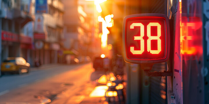 Street thermometer showing 38 Celsius degrees on a city street during heat wave.