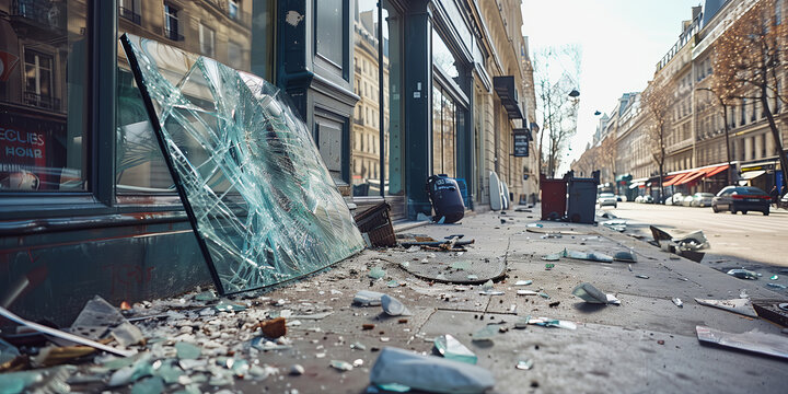 Fototapeta Broken glass and debris on a street of Paris after riot protest.