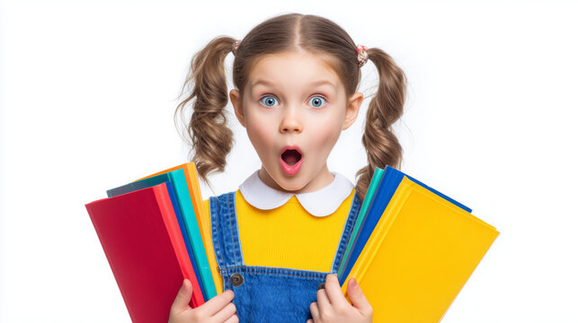Young girl with pigtails holding colorful school books, isolated on white background, happy expression, back to school theme, clean studio lighting