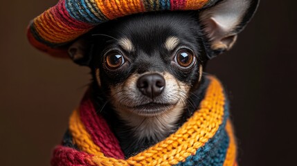 Charming black and white Chihuahua dog in colorful sombrero