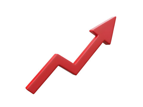 Rising red arrow 3d render icon isolated on transparent background. Cut out