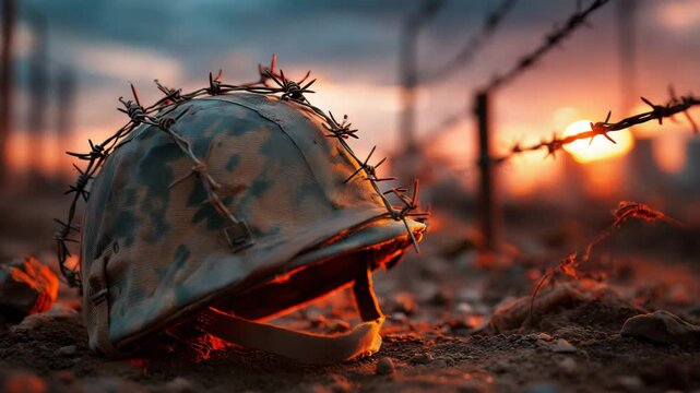 Military helmet on battlefield ground near barbed wire at sunset symbolizing fallen soldiers tribute remembrance Memorial Day Veterans Day honor and sacrifice for freedom war commemoration