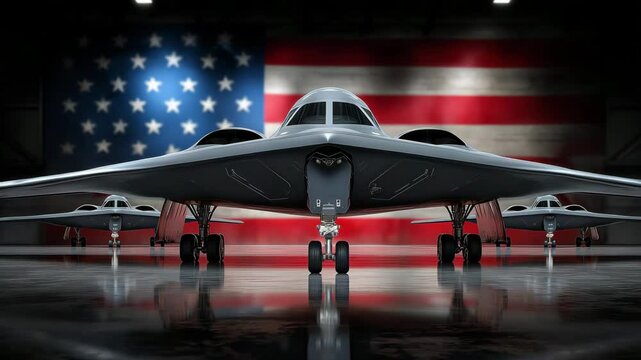 An American B-2 Spirit stealth bomber standing in front of a large waving United States flag symbolizing military power and national pride